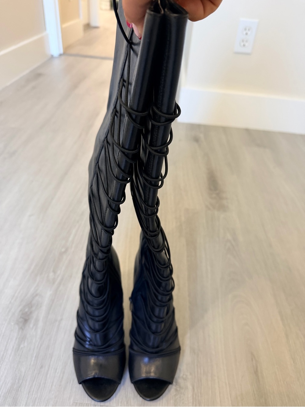 Black Lace-Up Knee-High Stiletto peep toe Boots - Picture 3 of 5